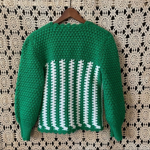 Vintage Hand Knit Crochet Kelly Green And White Jean L. Johnson Sweater S - Picture 5 of 6